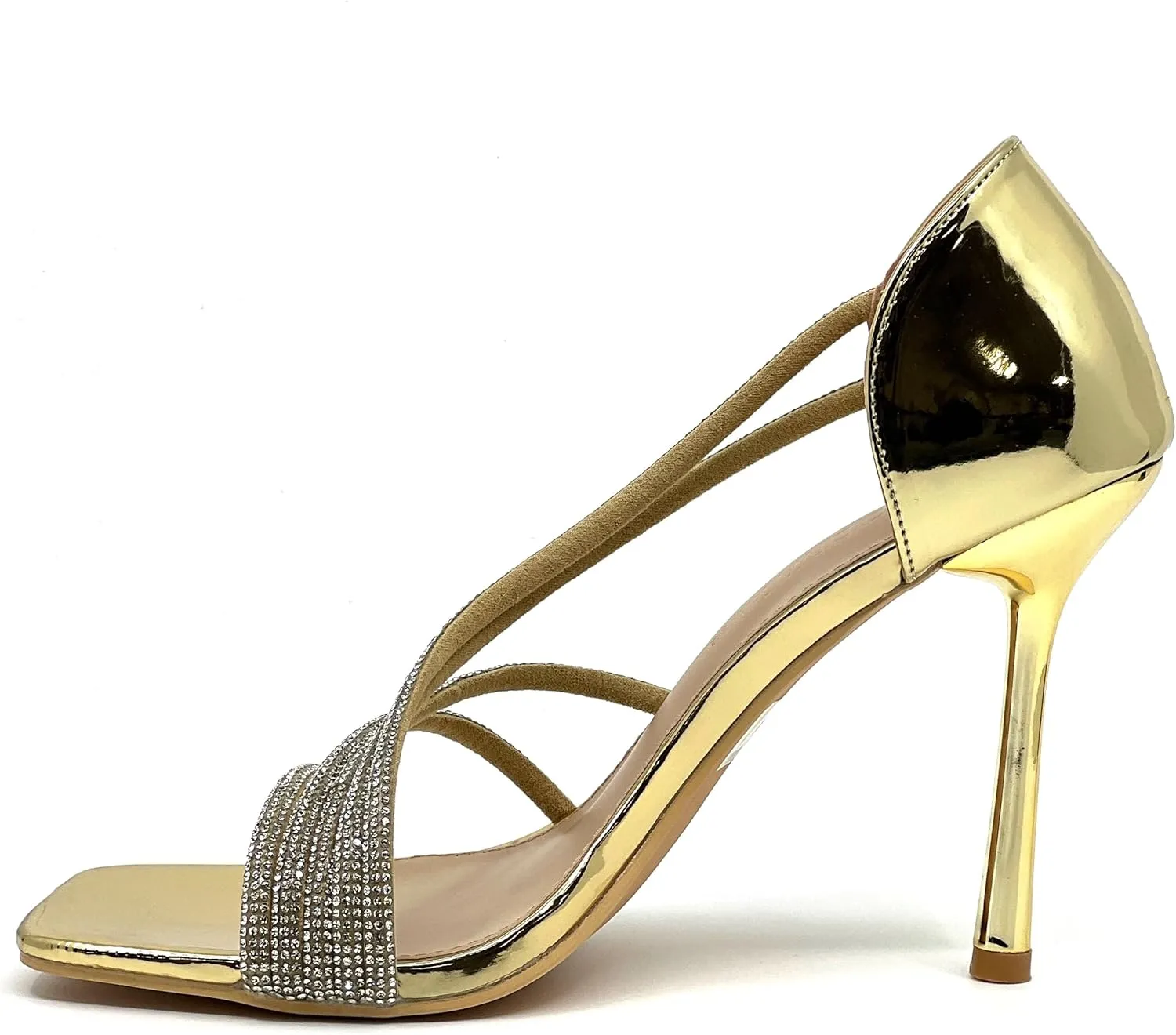 Wild Diva Women's Square Toe Heel Rhinestone Strap Stiletto High Heels Sandals