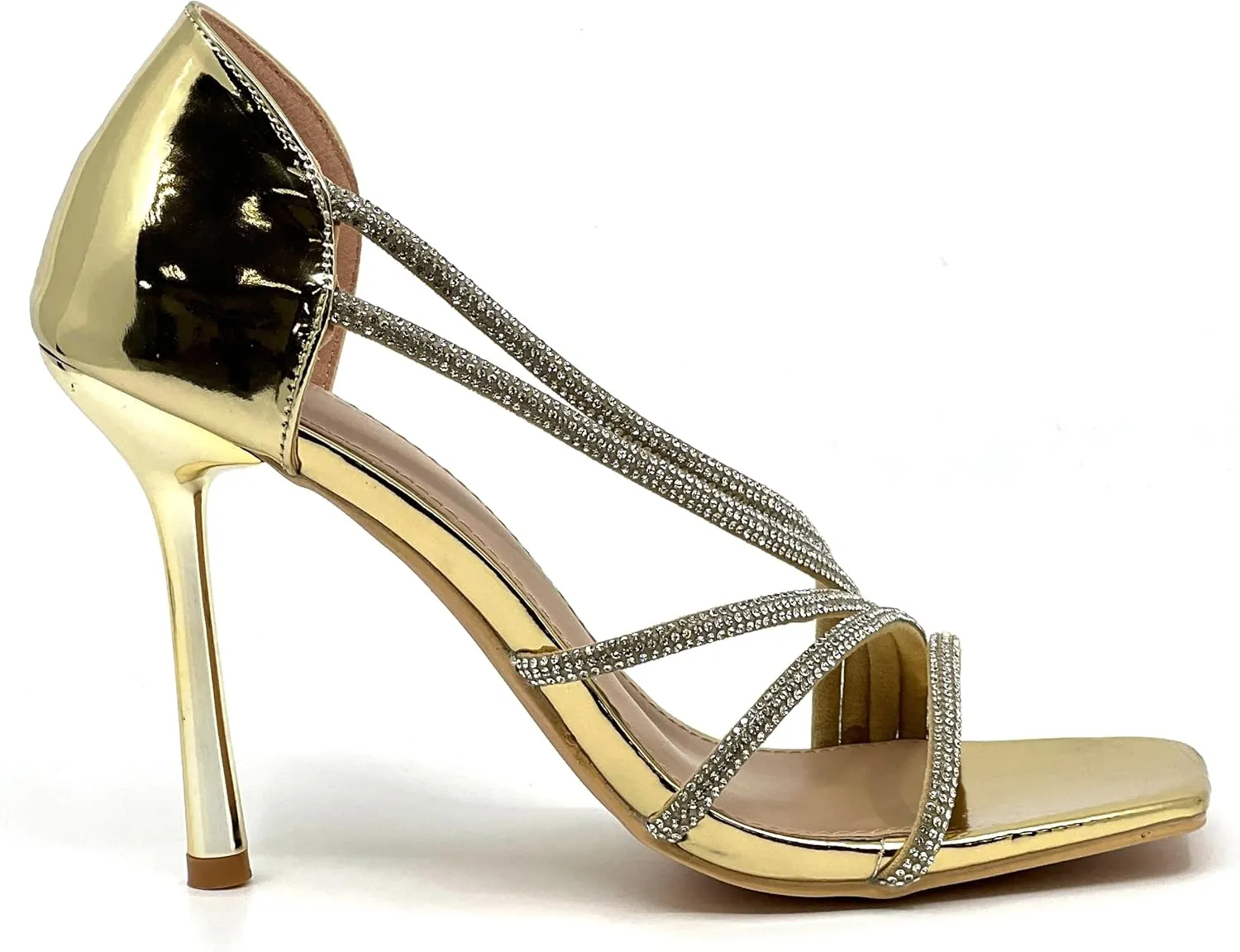 Wild Diva Women's Square Toe Heel Rhinestone Strap Stiletto High Heels Sandals