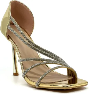 Wild Diva Women's Square Toe Heel Rhinestone Strap Stiletto High Heels Sandals