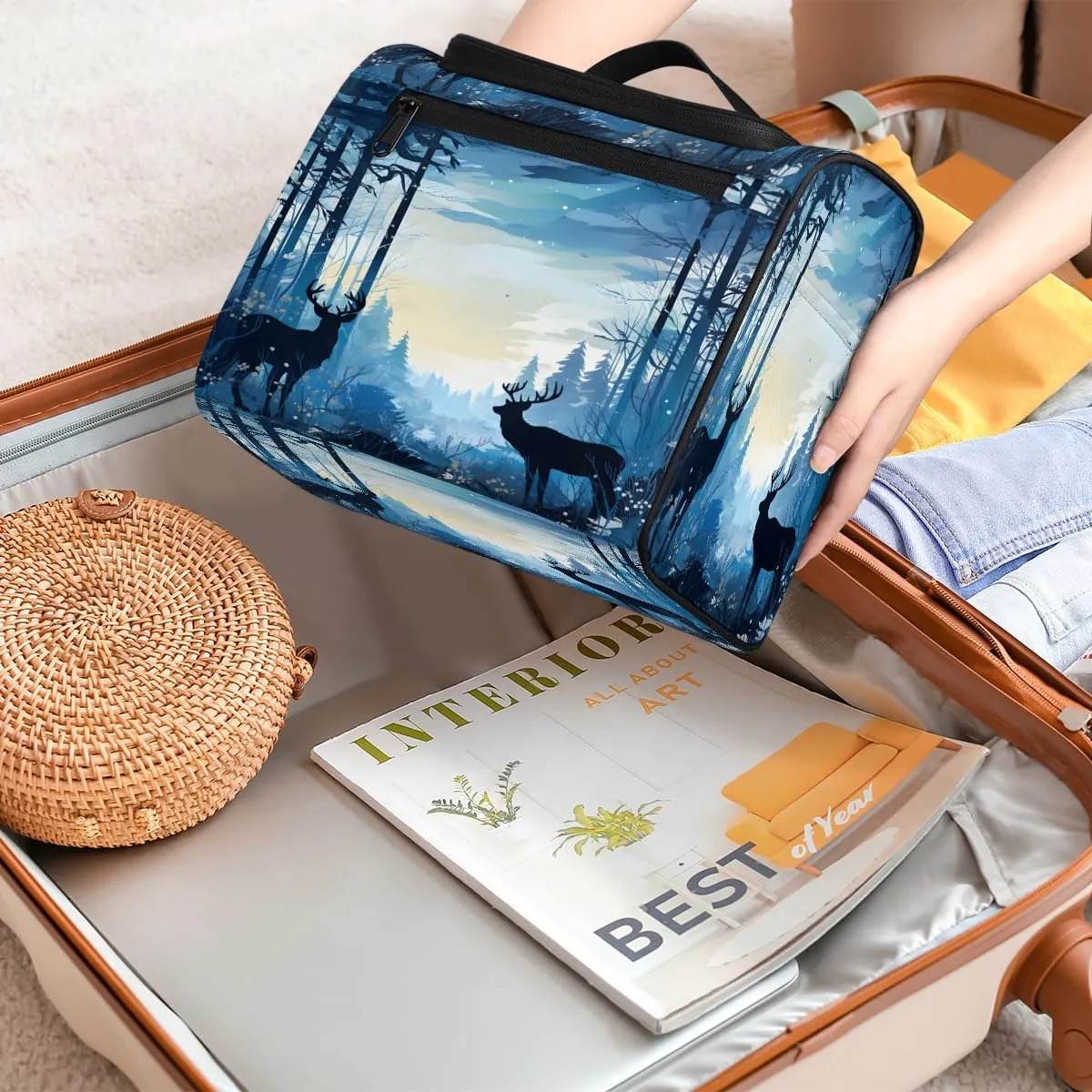 Wildlife Elk Deer Travel Toiletry Bag for Men and Women, Large Hanging Makeup Bag Organizer Toiletries Bag for Travel, Cosmetic Bag with Handle