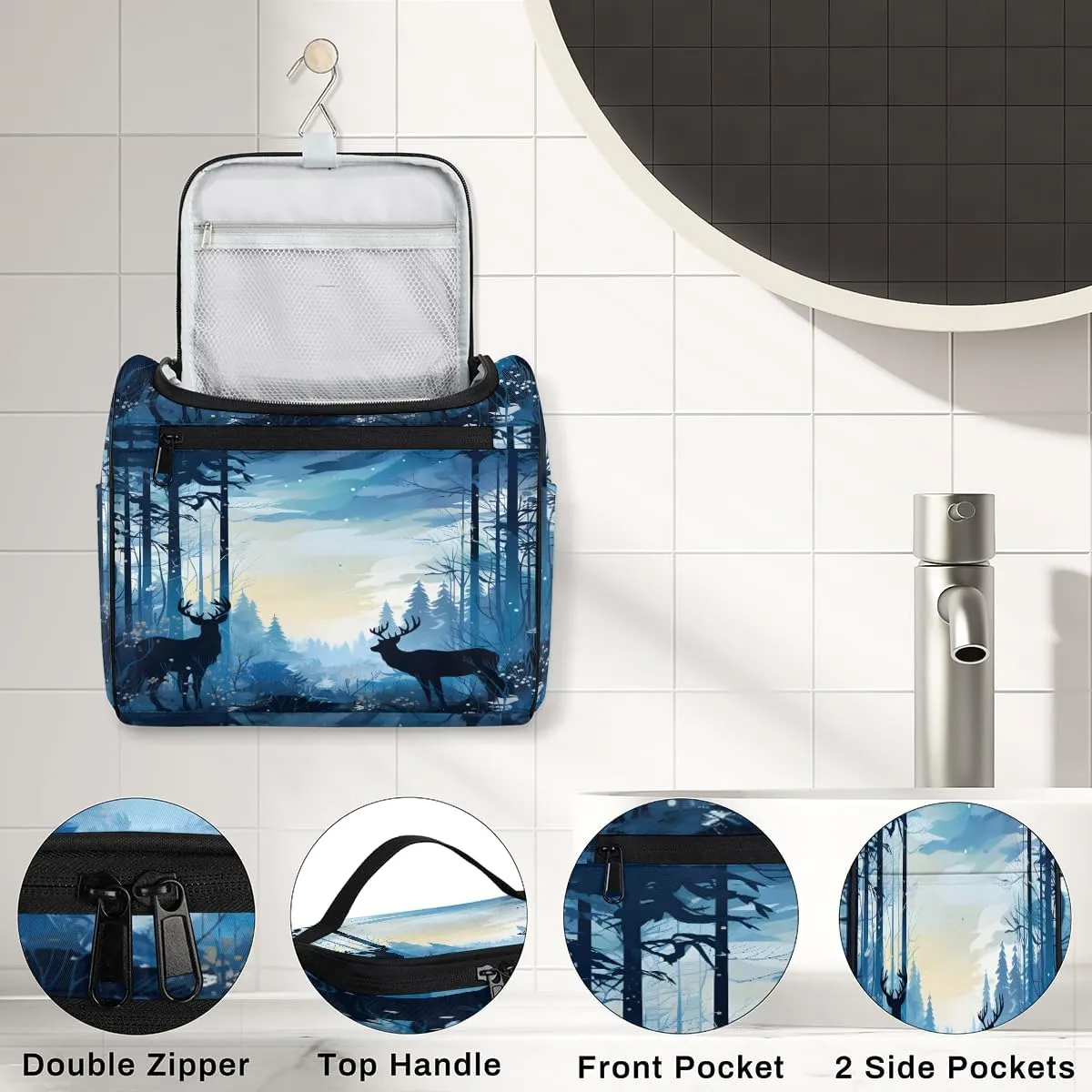 Wildlife Elk Deer Travel Toiletry Bag for Men and Women, Large Hanging Makeup Bag Organizer Toiletries Bag for Travel, Cosmetic Bag with Handle