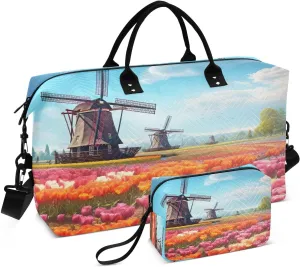 Windmill Tulip Flowers Sports Gym Bag for Women Men Travel Duffel Bag Weekend Overnight Carry on Bag with Toiletry Bag Hospital Bag for Hospital Plane Swimming Yoga Workout