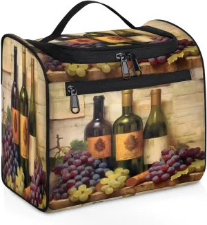 Wine Bottle Grapes Travel Toiletry Bag for Men and Women, Large Hanging Makeup Bag Organizer Toiletries Bag for Travel, Cosmetic Bag with Handle
