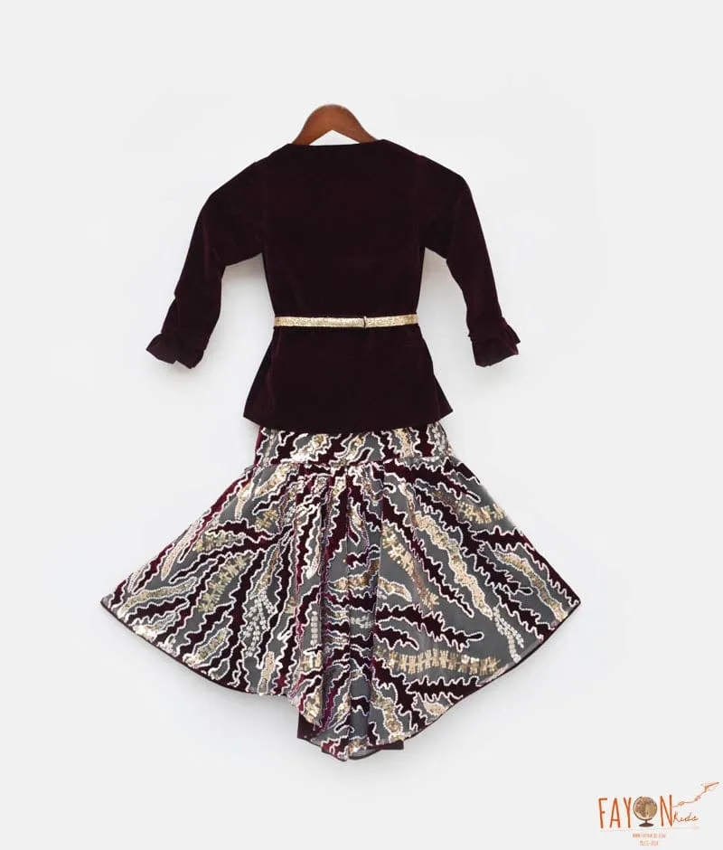 Wine Burgundy Velvet Sequins Embroidery Gown and Jacket for Girls