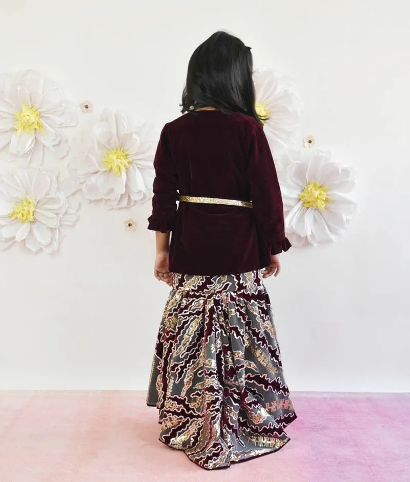 Wine Burgundy Velvet Sequins Embroidery Gown and Jacket for Girls