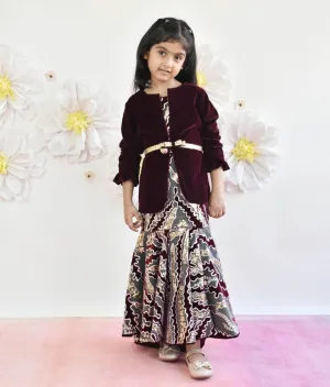Wine Burgundy Velvet Sequins Embroidery Gown and Jacket for Girls