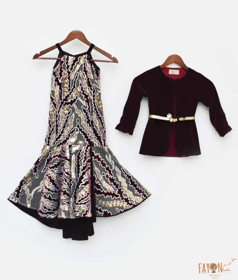 Wine Burgundy Velvet Sequins Embroidery Gown and Jacket for Girls