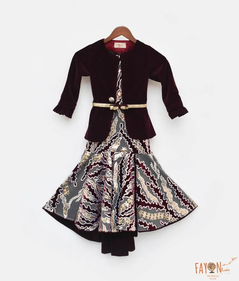 Wine Burgundy Velvet Sequins Embroidery Gown and Jacket for Girls