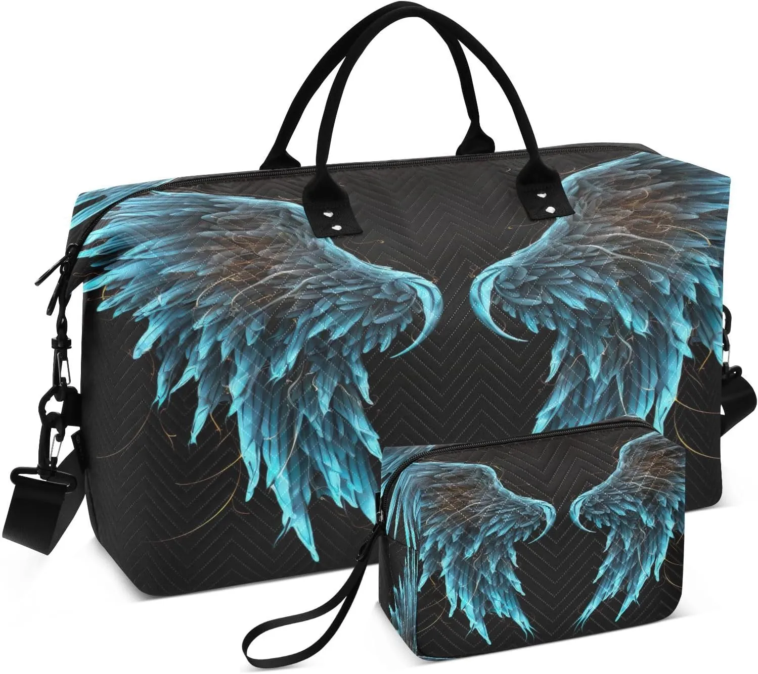 Wings Black Sports Gym Bag for Women Men Travel Duffel Bag Weekend Overnight Carry on Bag with Toiletry Bag Yoga Bag for Hospital Plane Swimming Yoga Workout