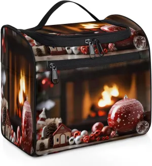 Winter Decorating Fireplace Toiletry Bag for Women, Hanging Travel Toiletry Bag, Water-resistant Cosmetic Makeup Organizer for Toiletries and Cosmetics, Bathroom Shower Bag with Handle and Hook