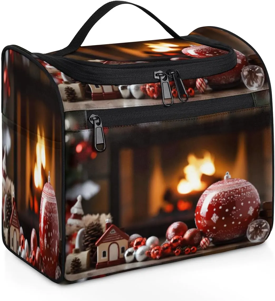 Winter Decorating Fireplace Toiletry Bag for Women, Hanging Travel Toiletry Bag, Water-resistant Cosmetic Makeup Organizer for Toiletries and Cosmetics, Bathroom Shower Bag with Handle and Hook