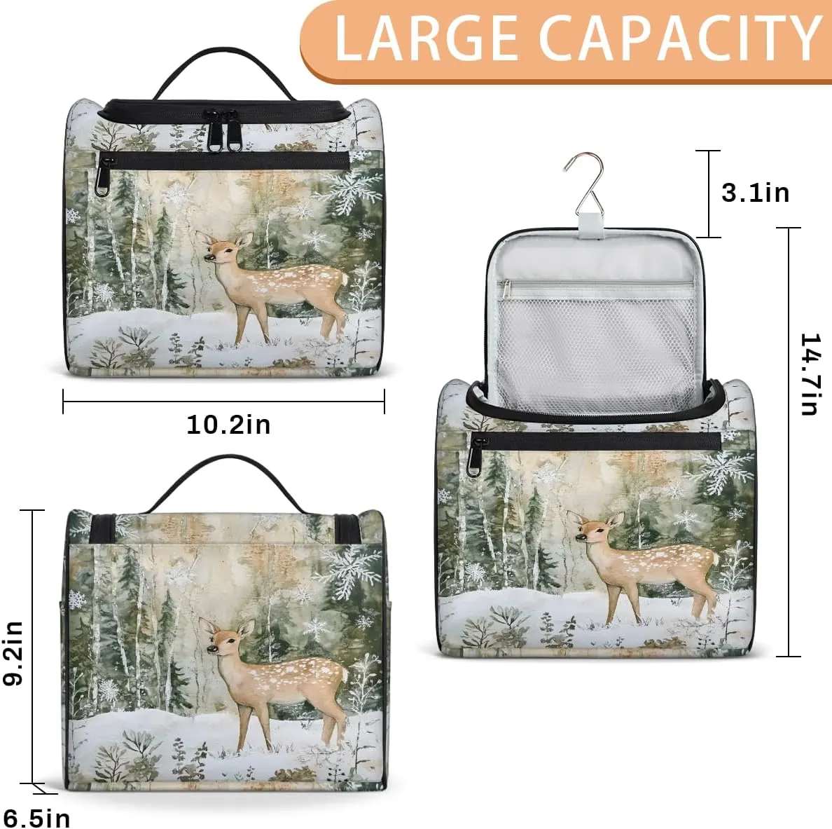 Winter Wonderland Deer Snowflakes Travel Toiletry Bag for Men and Women, Large Hanging Makeup Bag Organizer Toiletries Bag for Travel, Cosmetic Bag with Handle