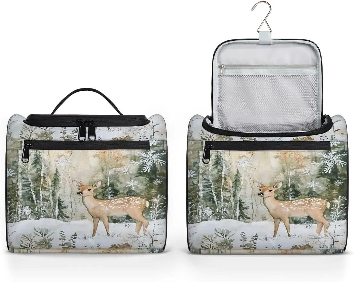 Winter Wonderland Deer Snowflakes Travel Toiletry Bag for Men and Women, Large Hanging Makeup Bag Organizer Toiletries Bag for Travel, Cosmetic Bag with Handle