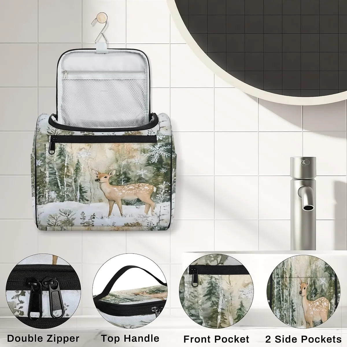 Winter Wonderland Deer Snowflakes Travel Toiletry Bag for Men and Women, Large Hanging Makeup Bag Organizer Toiletries Bag for Travel, Cosmetic Bag with Handle