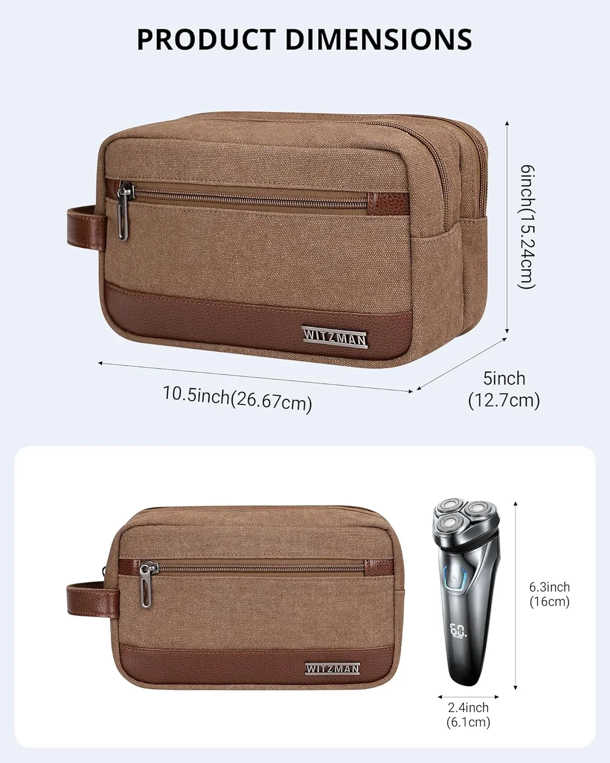 WITZMAN Canvas Toiletry Bag for Men Hanging Dopp Kit Organizer Water-resistant Travel Toiletries bag Men Bathroom Bag with Wet Pocket(A8001 Brown)