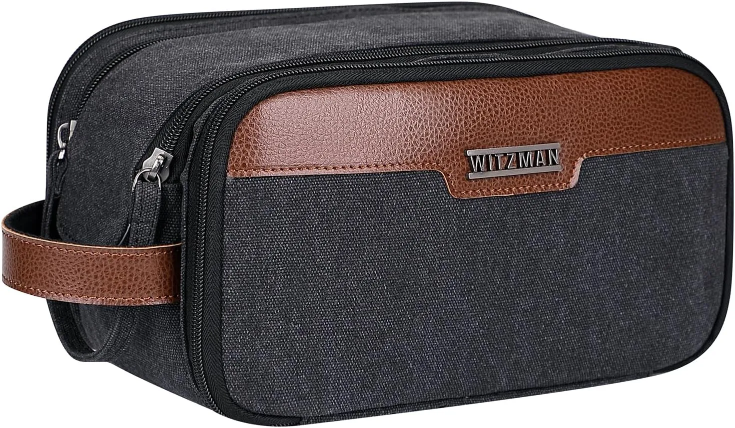 WITZMAN Canvas Toiletry Bag for Men Large Capacity Hanging Dopp kit for Men Leather Toiletries Water-resistant Bathroom Bag(A8002 Black)