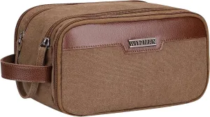 WITZMAN Canvas Toiletry Bag for Men Large Capacity Hanging Dopp kit for Men Leather Toiletries Water-resistant Bathroom Bag(A8002 Brown)