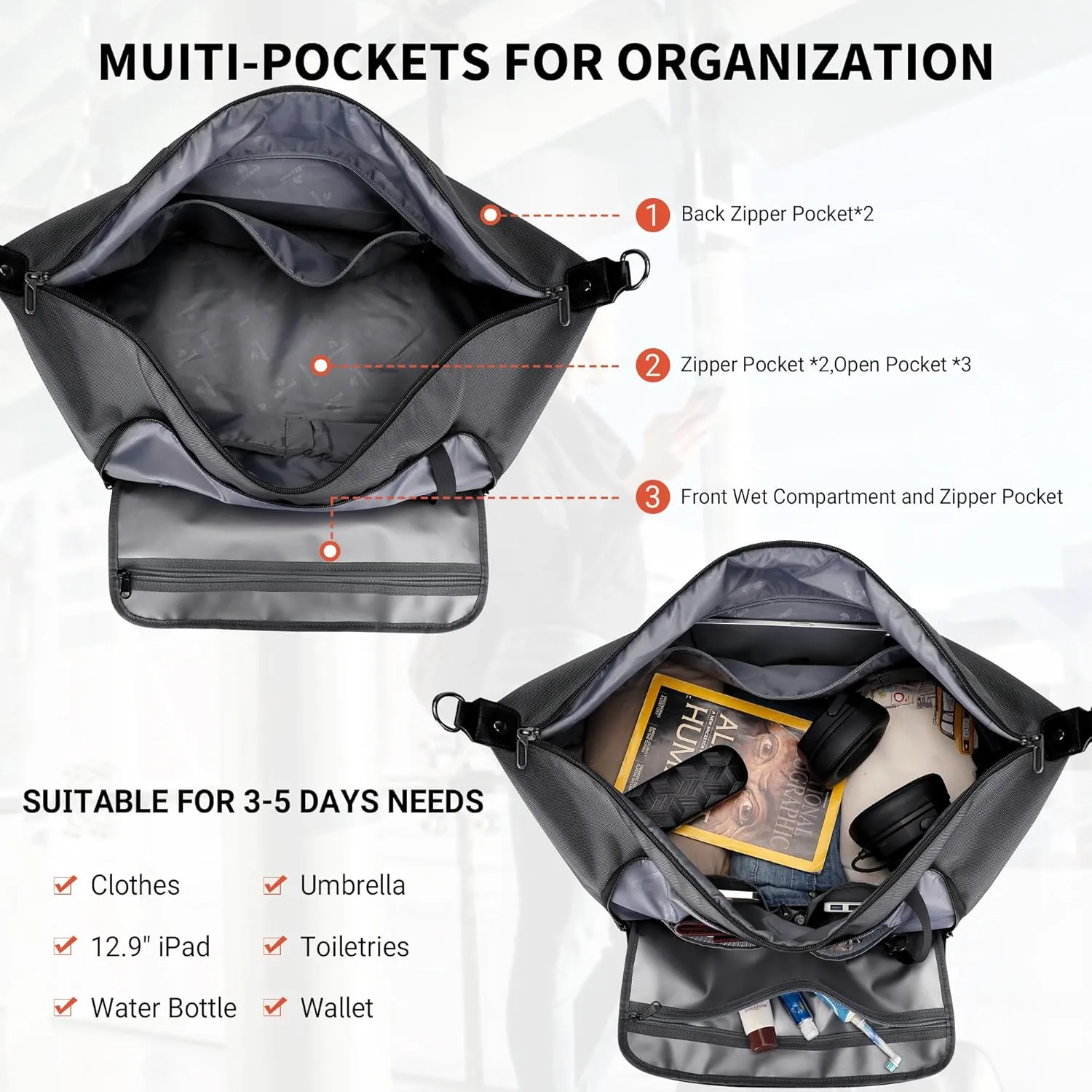 WITZMAN Travel Duffle Bags for Men Weekender Bags with Toiletry Bag Sets Carry On Overnight Bag 55L （B696 Silvery Grey）