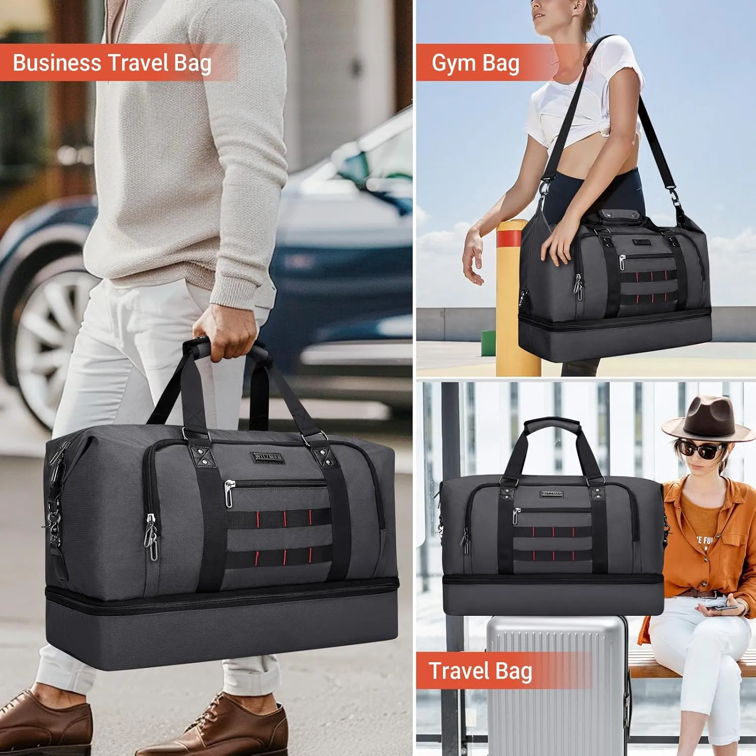 WITZMAN Travel Duffle Bags for Men Weekender Bags with Toiletry Bag Sets Carry On Overnight Bag 55L （B696 Silvery Grey）