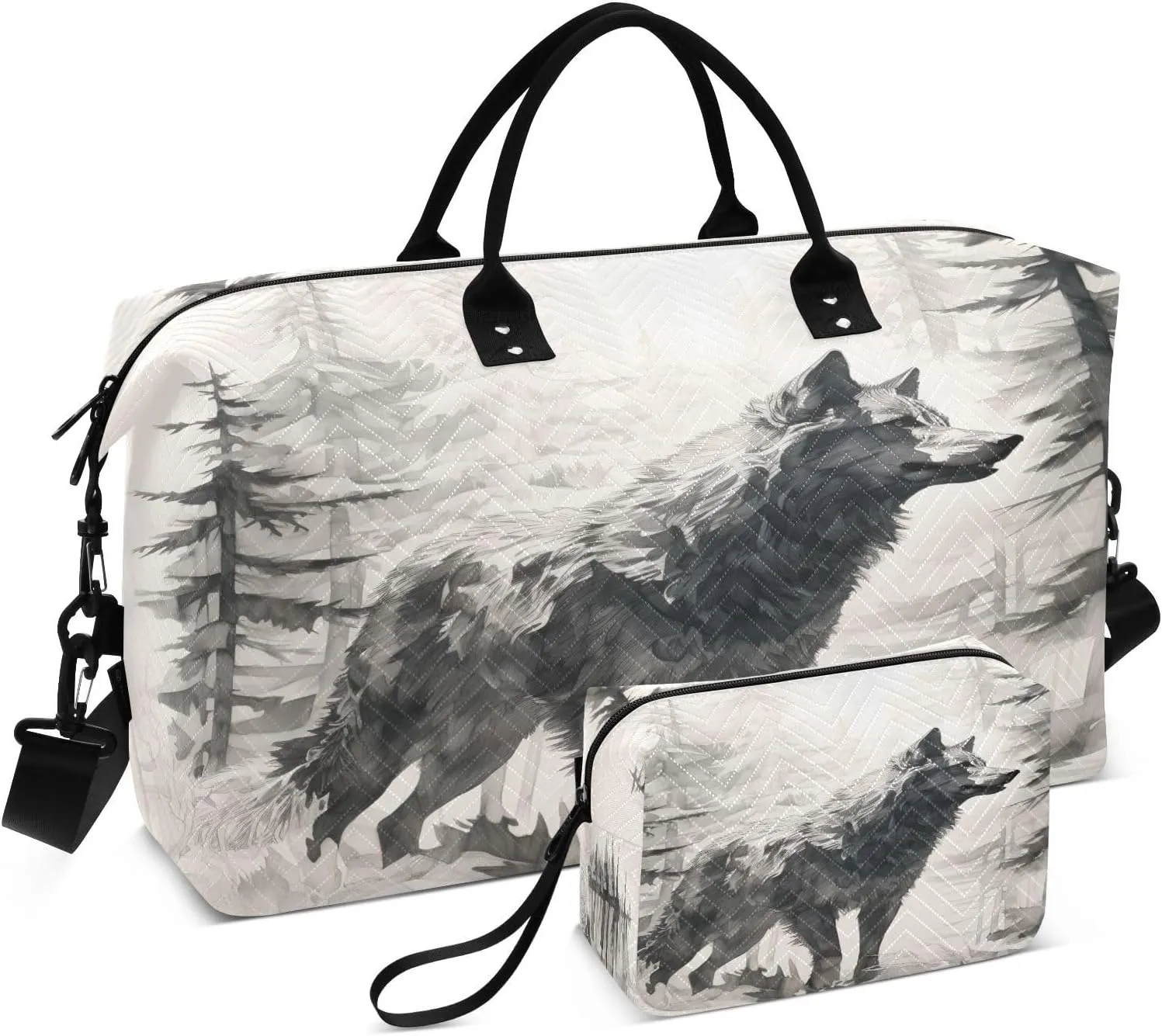 Wolf Travel Duffle Bag Gym Bag, Watercolor Wolf with Trees Weekender Bags for Women with Toiletry Bag Travel Tote Bag Swim Bag