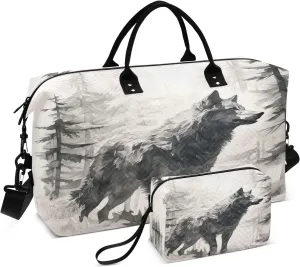 Wolf Travel Duffle Bag Gym Bag, Watercolor Wolf with Trees Weekender Bags for Women with Toiletry Bag Travel Tote Bag Swim Bag