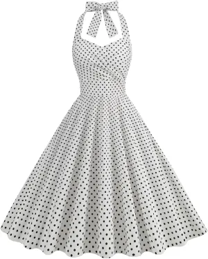 Women 1950s Dresses Vintage Spaghetti Strap Halter Polka Dot Swing A Line Midi Dress Cocktail Party Evening Prom Gown
