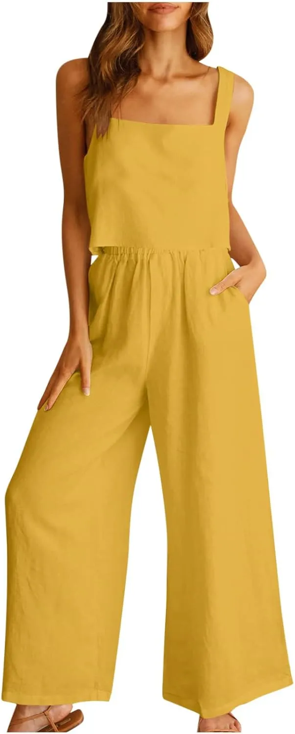 Women 2 Piece Outfits Linen Lounge Set Tank Top And Flowy Wide Leg Pants Fashion Matching Sets with Pocket