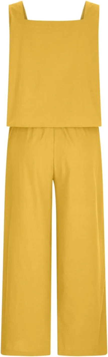Women 2 Piece Outfits Linen Lounge Set Tank Top And Flowy Wide Leg Pants Fashion Matching Sets with Pocket