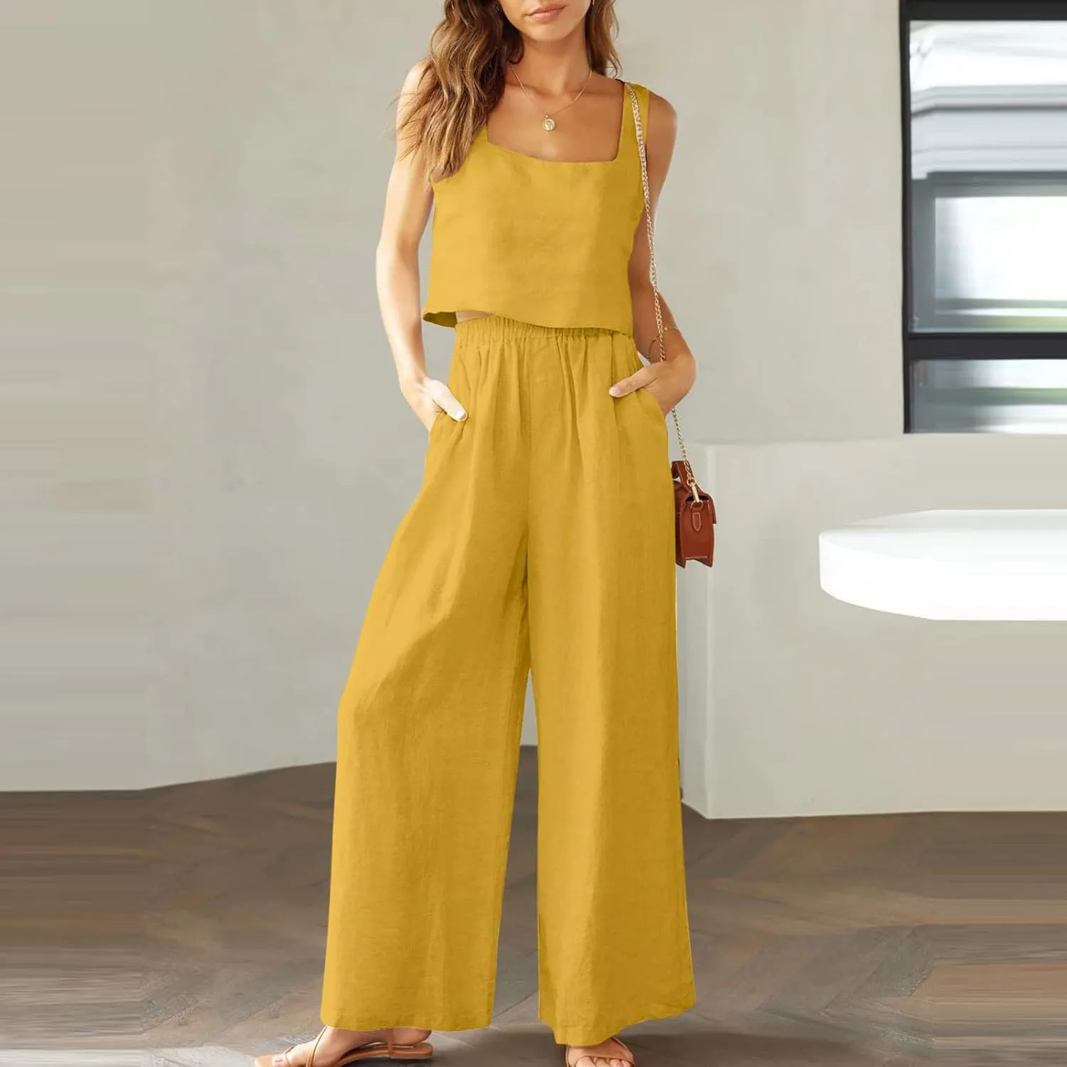 Women 2 Piece Outfits Linen Lounge Set Tank Top And Flowy Wide Leg Pants Fashion Matching Sets with Pocket