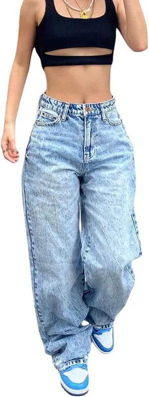 Women Baggy Y2K Jeans Vintage Low Waisted Straight Leg Denim Pants E-Girl Streetwear Clubwear