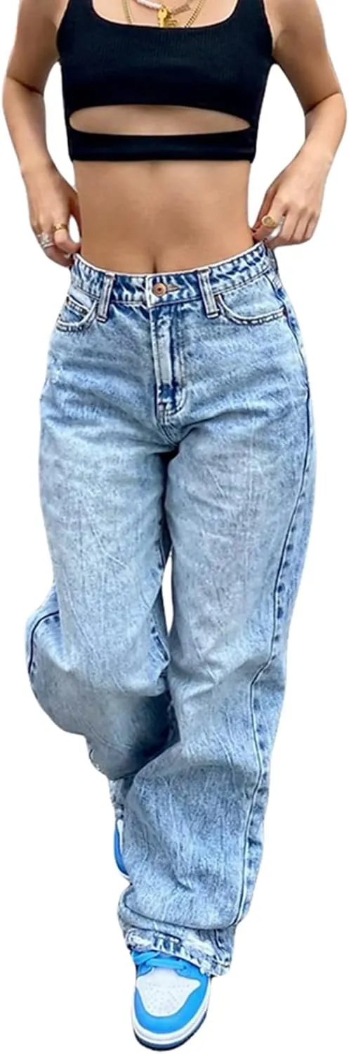 Women Baggy Y2K Jeans Vintage Low Waisted Straight Leg Denim Pants E-Girl Streetwear Clubwear