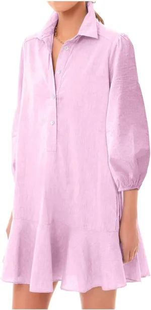 Women Button Down Dress Casual 3/4 Puff Sleeve Cotton Linen Dress Flowy Ruffle Hem Tunic Shirt Dresses