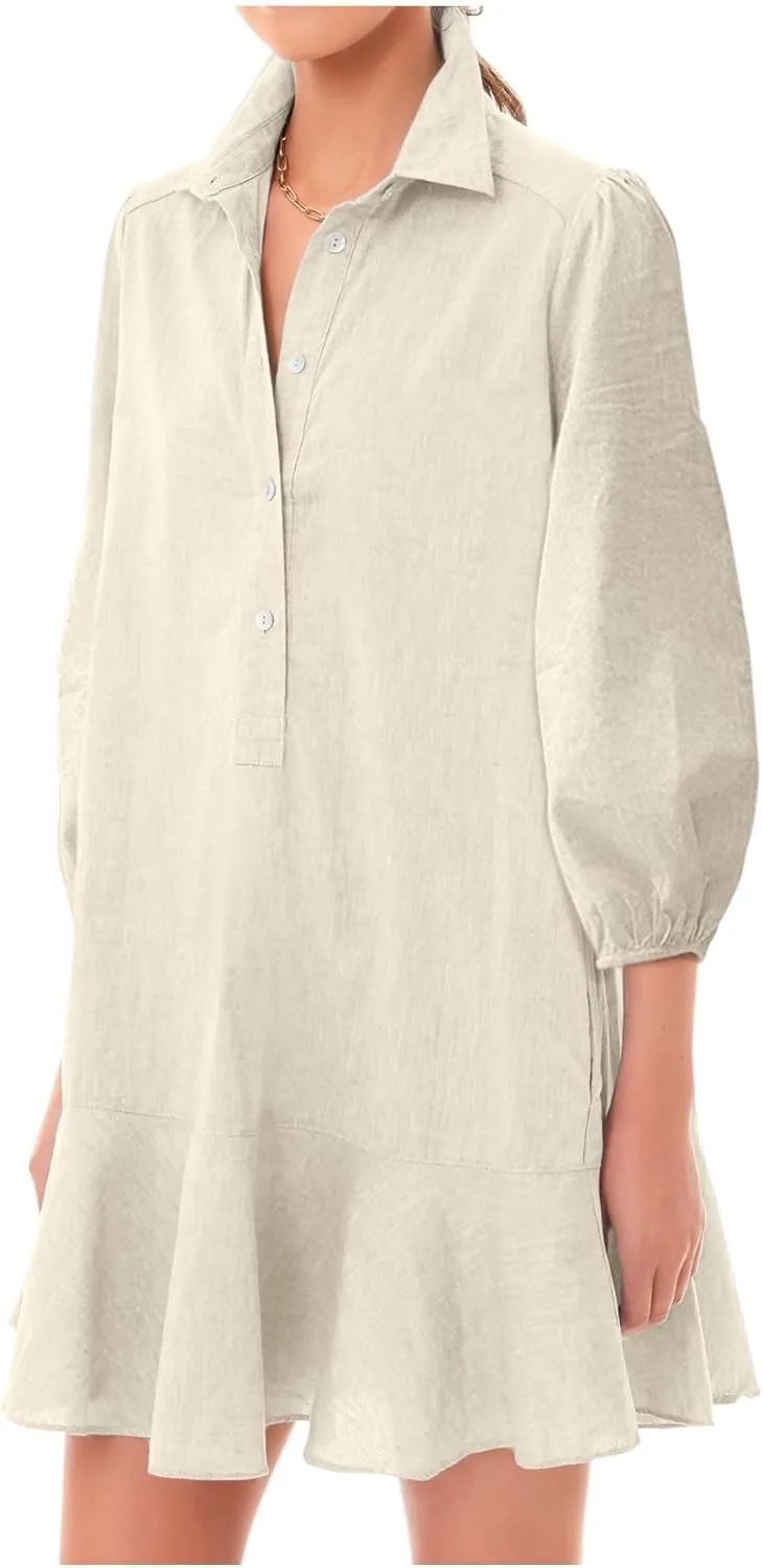 Women Button Down Dress Casual 3/4 Puff Sleeve Cotton Linen Dress Flowy Ruffle Hem Tunic Shirt Dresses