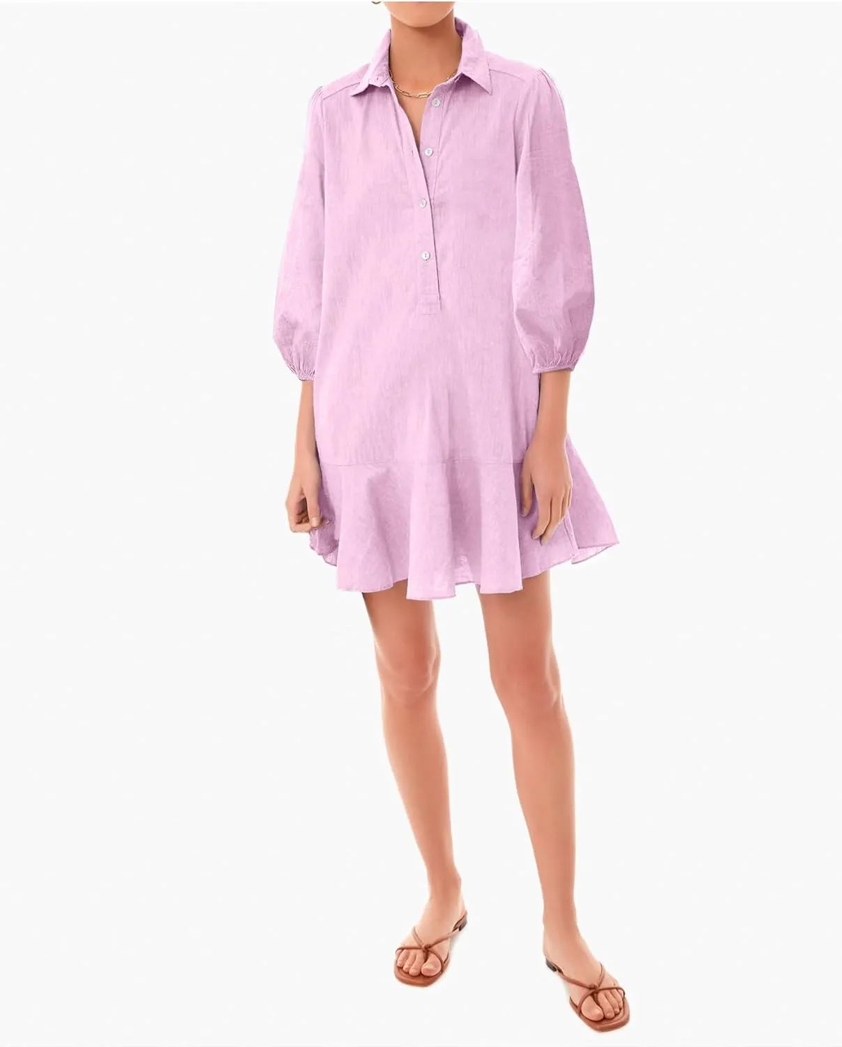 Women Button Down Dress Casual 3/4 Puff Sleeve Cotton Linen Dress Flowy Ruffle Hem Tunic Shirt Dresses