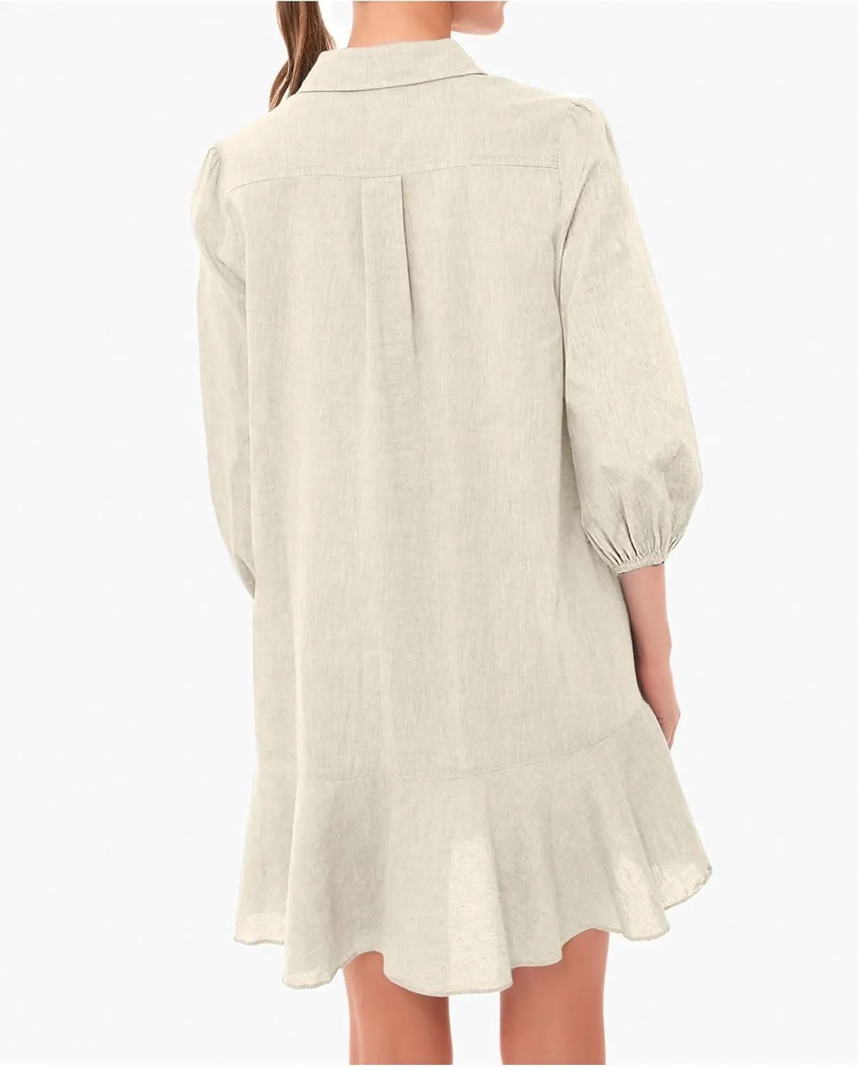 Women Button Down Dress Casual 3/4 Puff Sleeve Cotton Linen Dress Flowy Ruffle Hem Tunic Shirt Dresses
