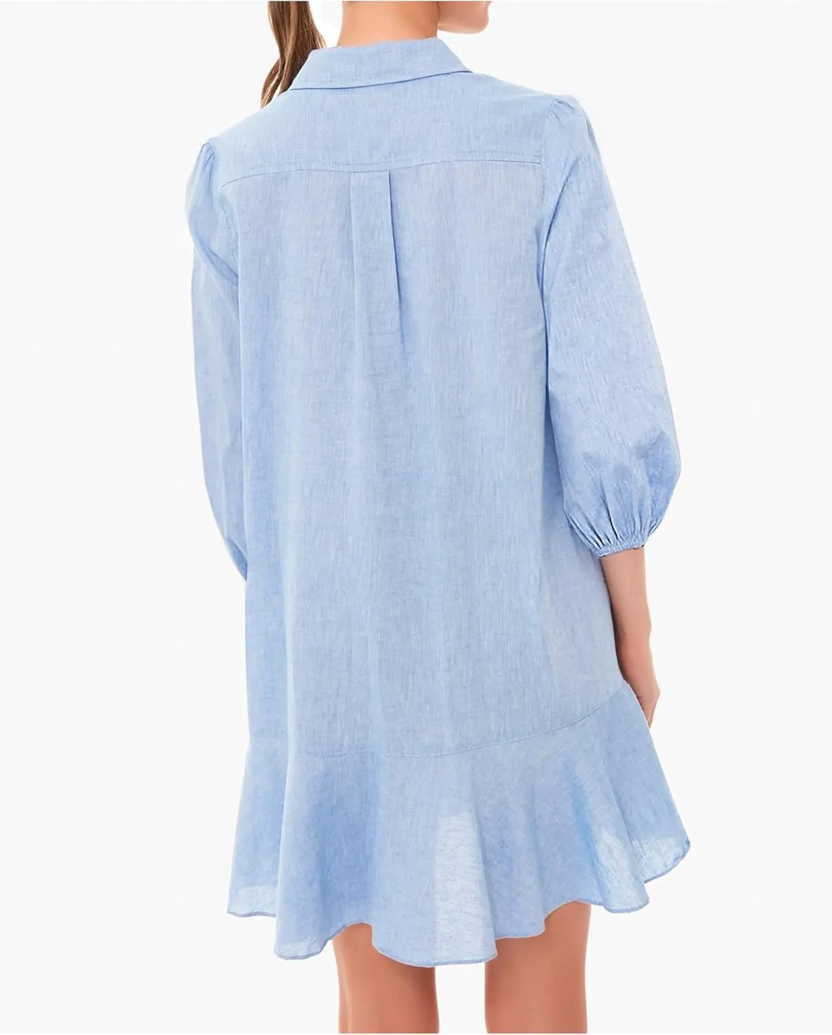 Women Button Down Dress Casual 3/4 Puff Sleeve Cotton Linen Dress Flowy Ruffle Hem Tunic Shirt Dresses