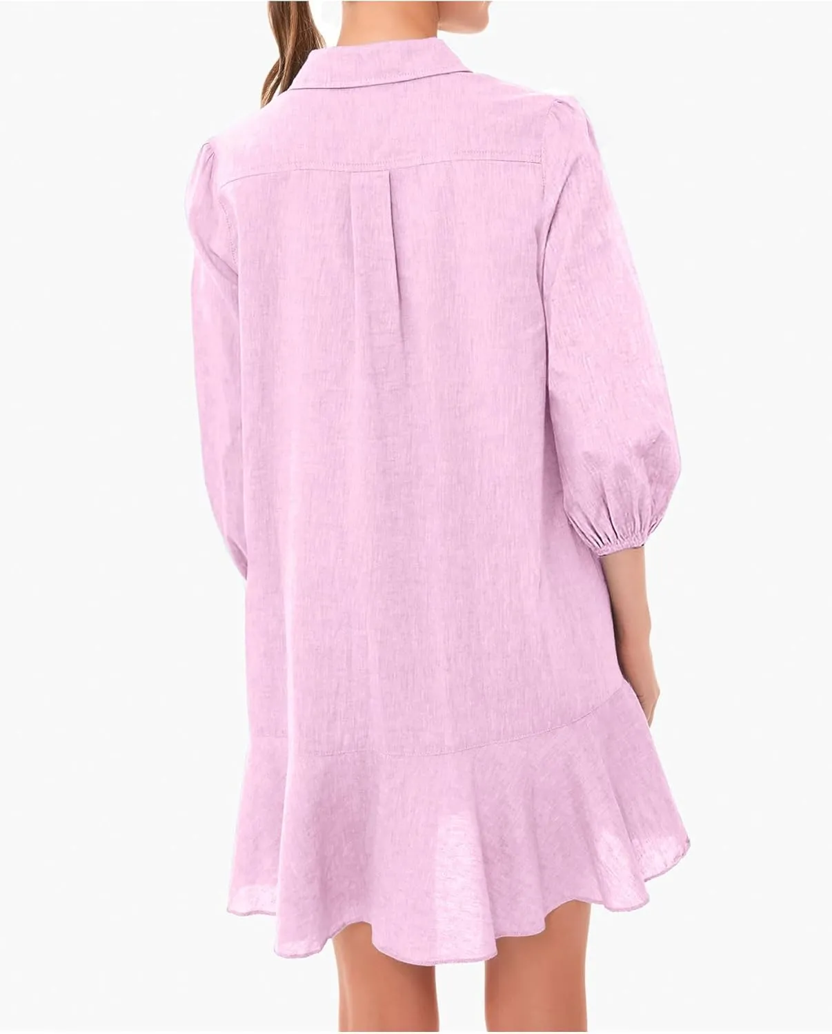Women Button Down Dress Casual 3/4 Puff Sleeve Cotton Linen Dress Flowy Ruffle Hem Tunic Shirt Dresses