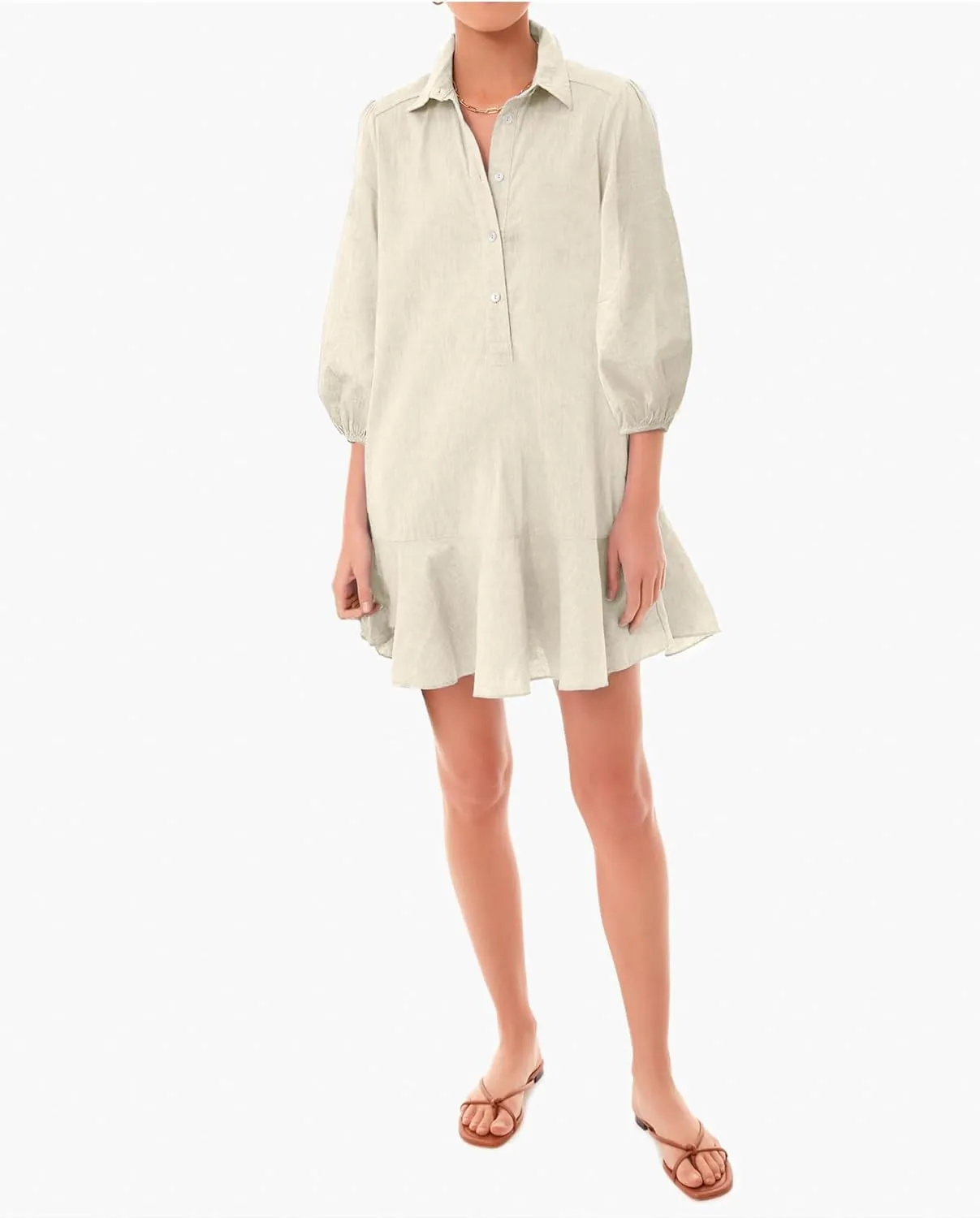 Women Button Down Dress Casual 3/4 Puff Sleeve Cotton Linen Dress Flowy Ruffle Hem Tunic Shirt Dresses