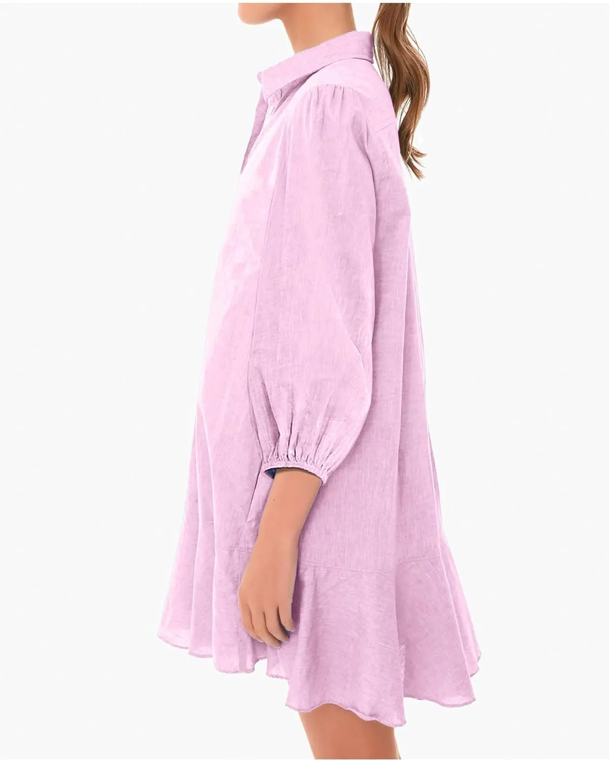 Women Button Down Dress Casual 3/4 Puff Sleeve Cotton Linen Dress Flowy Ruffle Hem Tunic Shirt Dresses