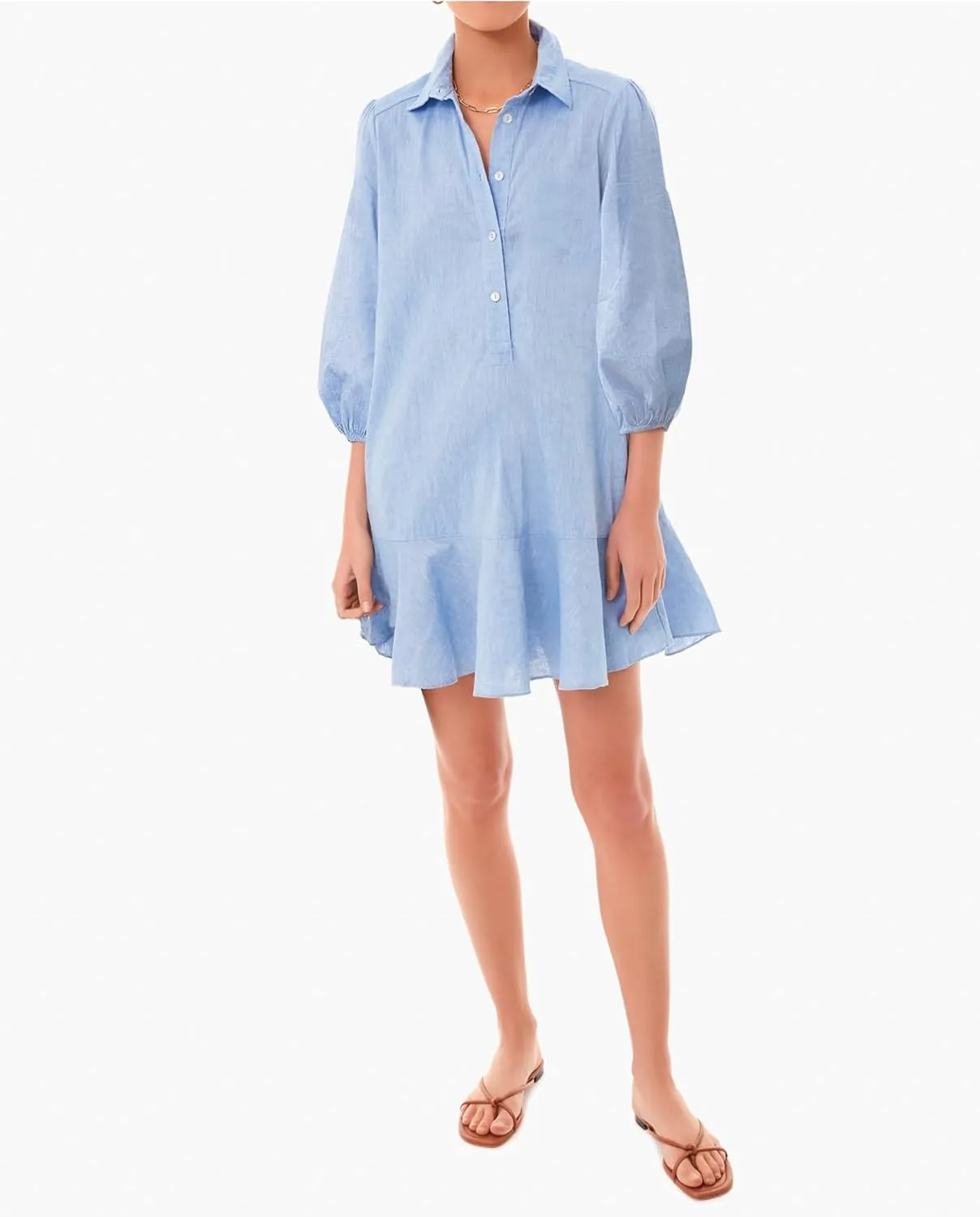 Women Button Down Dress Casual 3/4 Puff Sleeve Cotton Linen Dress Flowy Ruffle Hem Tunic Shirt Dresses
