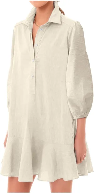 Women Button Down Dress Casual 3/4 Puff Sleeve Cotton Linen Dress Flowy Ruffle Hem Tunic Shirt Dresses