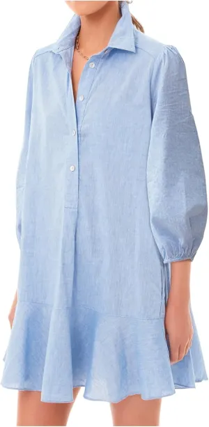 Women Button Down Dress Casual 3/4 Puff Sleeve Cotton Linen Dress Flowy Ruffle Hem Tunic Shirt Dresses