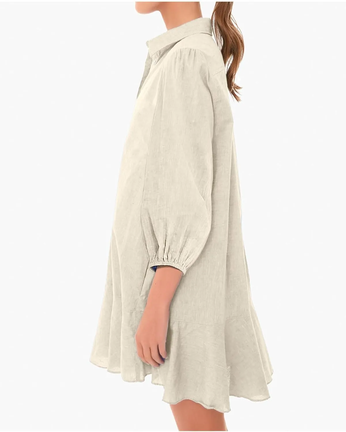 Women Button Down Dress Casual 3/4 Puff Sleeve Cotton Linen Dress Flowy Ruffle Hem Tunic Shirt Dresses