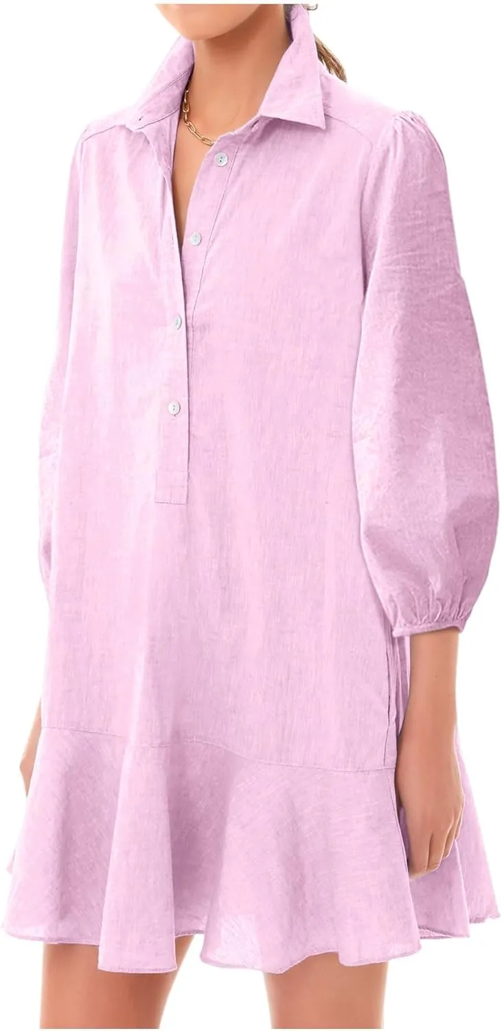 Women Button Down Dress Casual 3/4 Puff Sleeve Cotton Linen Dress Flowy Ruffle Hem Tunic Shirt Dresses