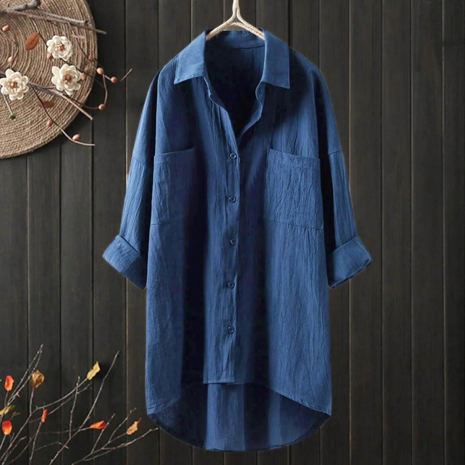 Women Button Up Shirts Solid Long Sleeve Linen Summer Casual Office Blouse Tops Loose Tee Shirt
