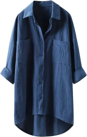 Women Button Up Shirts Solid Long Sleeve Linen Summer Casual Office Blouse Tops Loose Tee Shirt