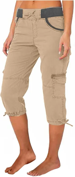 Women Cargo Capris Drawstring Elastic Waist Solid Capri Pants Multi-Pockets Hiking Travel Outdoor Trousers
