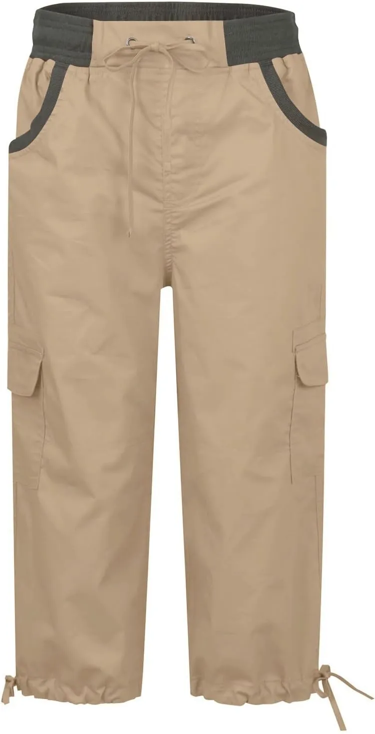 Women Cargo Capris Drawstring Elastic Waist Solid Capri Pants Multi-Pockets Hiking Travel Outdoor Trousers