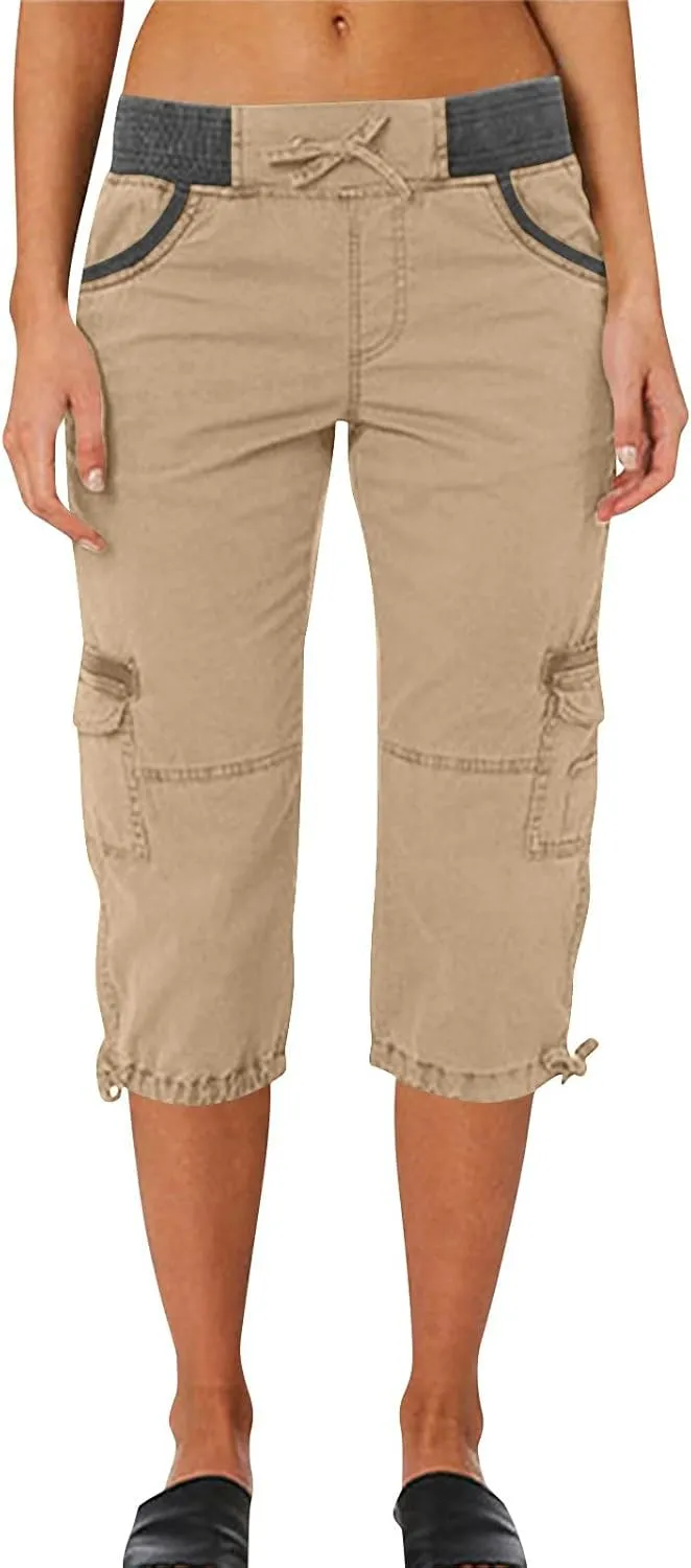 Women Cargo Capris Drawstring Elastic Waist Solid Capri Pants Multi-Pockets Hiking Travel Outdoor Trousers