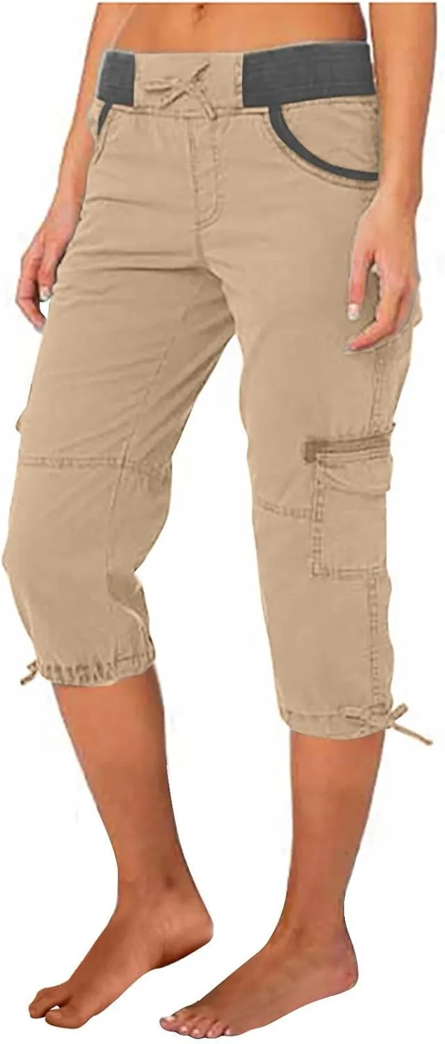 Women Cargo Capris Drawstring Elastic Waist Solid Capri Pants Multi-Pockets Hiking Travel Outdoor Trousers